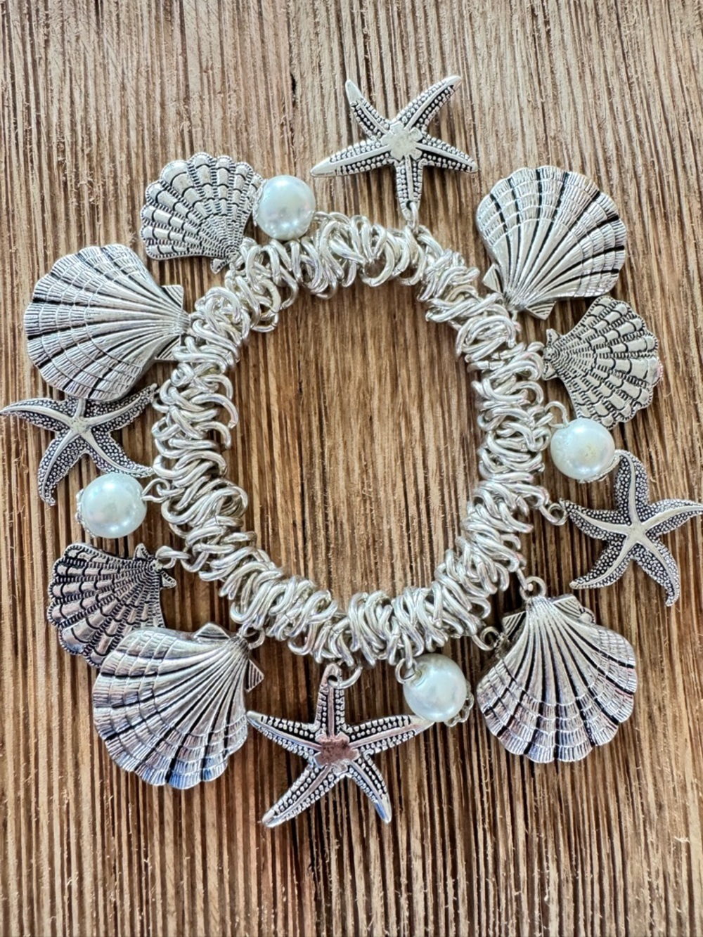 Coastal Seashell Charm Bracelet Silver Tone Starfish Pearl Beachy